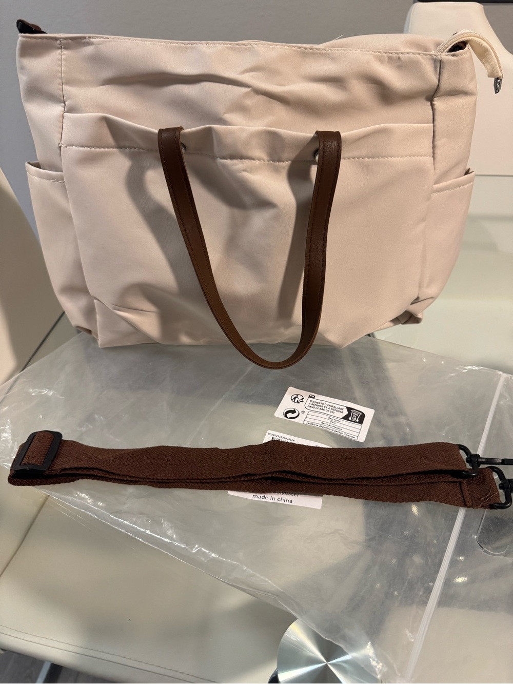 Cream Tote Bag with Brown Handles and Removable Strap